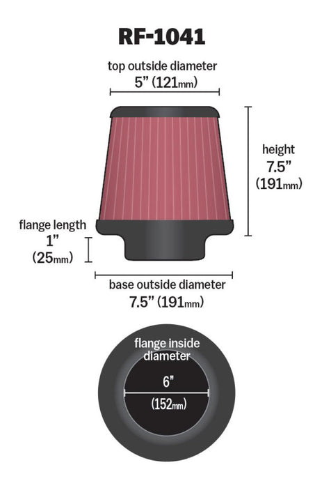 K&N Round Tapered Universal Air Filter 6 inch Flange 7 1/2 inch Base 5 inch Top 7 1/2 inch Height